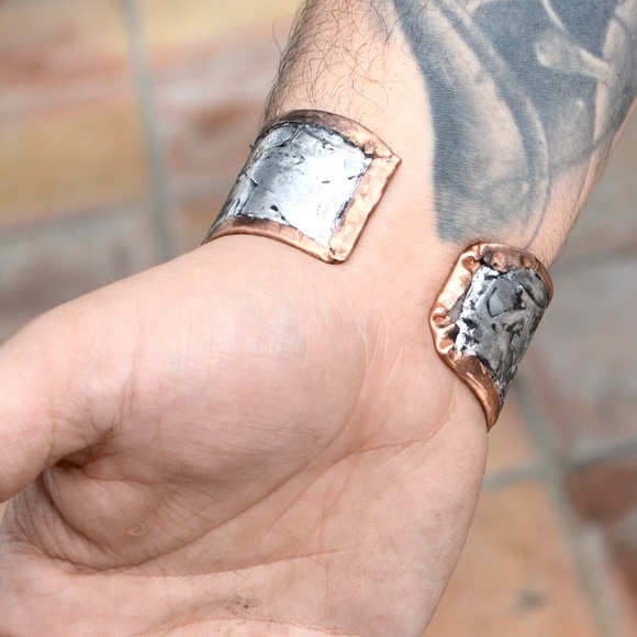 Mens Solid Copper Cuff Bracelet Silver Inlay Star Design Handmade Gift Man - Picture 3 of 7